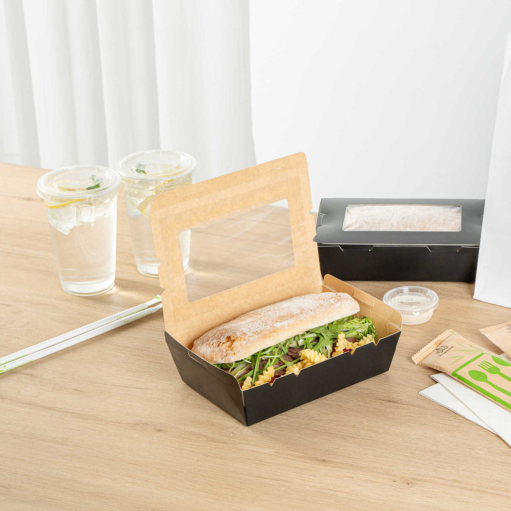 Cafe Vision 42 oz Black Paper Medium Take Out Container - Hinge Lock - 8" x 5 1/2" x 2" - 50 count box