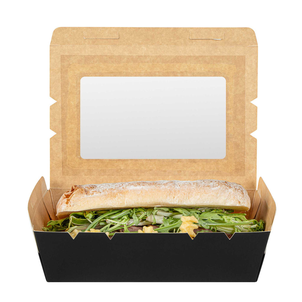 Cafe Vision 42 oz Black Paper Medium Take Out Container - Hinge Lock - 8" x 5 1/2" x 2" - 200 count box