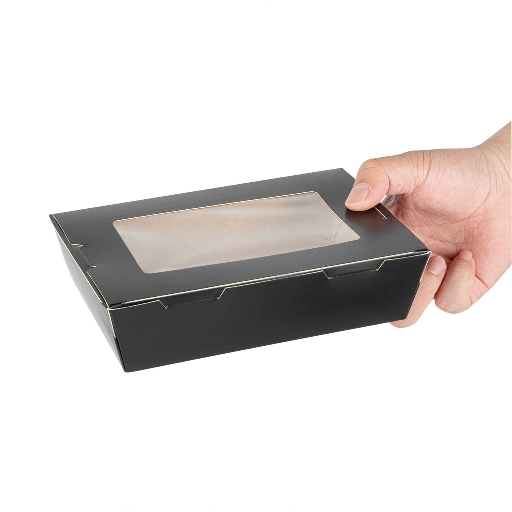 Cafe Vision 42 oz Black Paper Medium Take Out Container - Hinge Lock - 8" x 5 1/2" x 2" - 200 count box