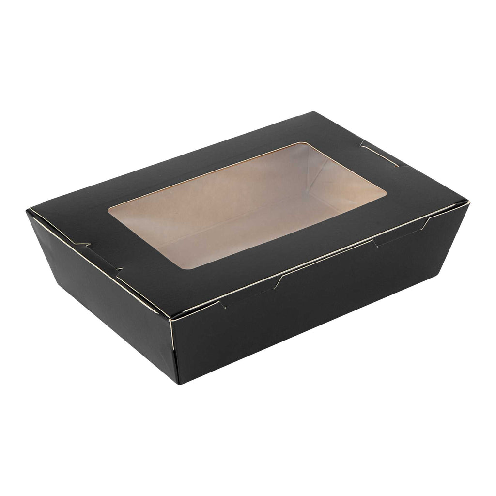Cafe Vision 42 oz Black Paper Medium Take Out Container - Hinge Lock - 8" x 5 1/2" x 2" - 200 count box