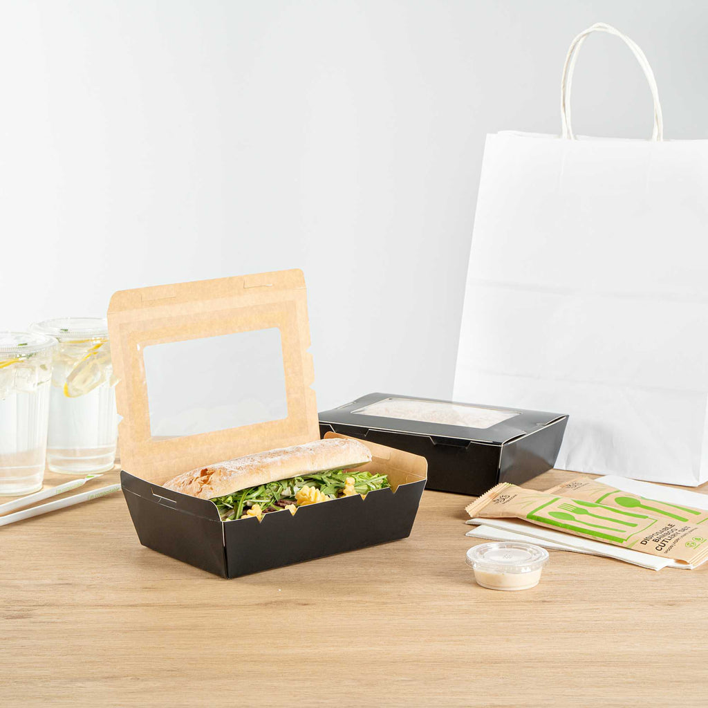 Cafe Vision 42 oz Black Paper Medium Take Out Container - Hinge Lock - 8" x 5 1/2" x 2" - 200 count box