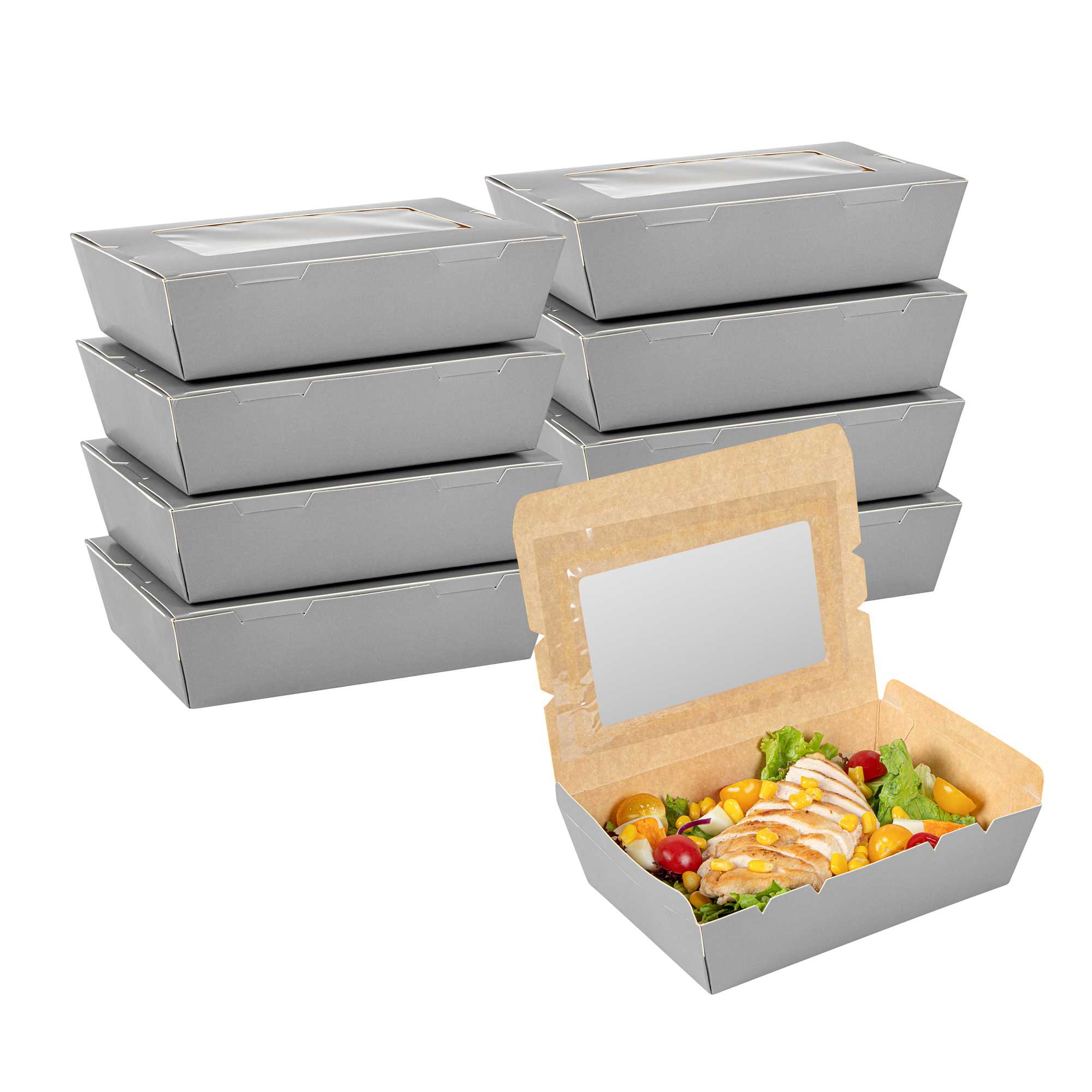 Cafe Vision 42 oz Gray Paper Take Out Container - Hinge Lock - 8" x 5 1/2" x 2" - 200 count box