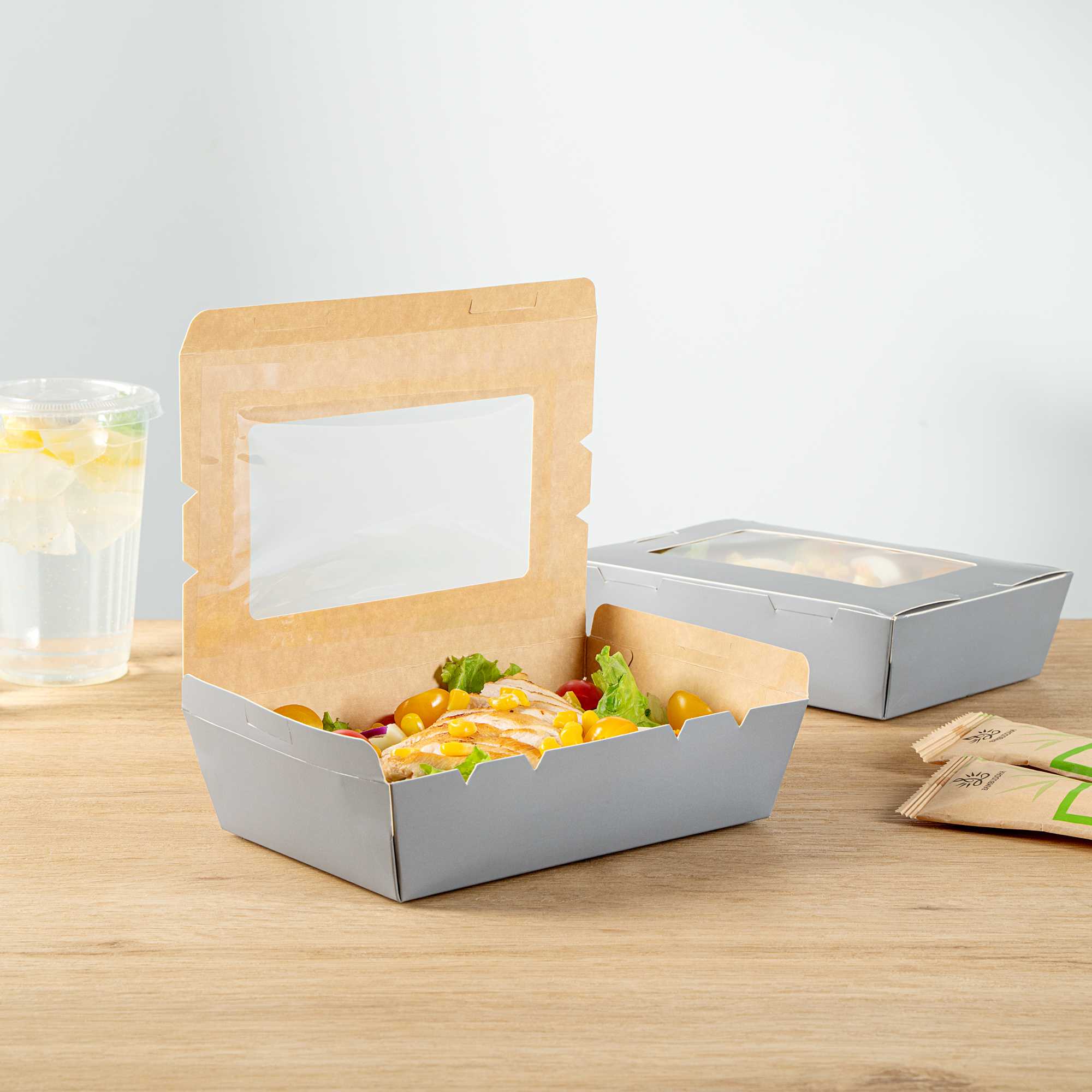 Cafe Vision 42 oz Gray Paper Take Out Container - Hinge Lock - 8" x 5 1/2" x 2" - 50 count box