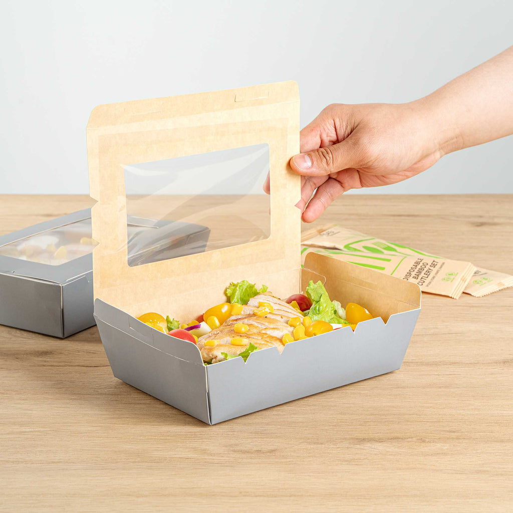 Cafe Vision 42 oz Gray Paper Take Out Container - Hinge Lock - 8" x 5 1/2" x 2" - 50 count box