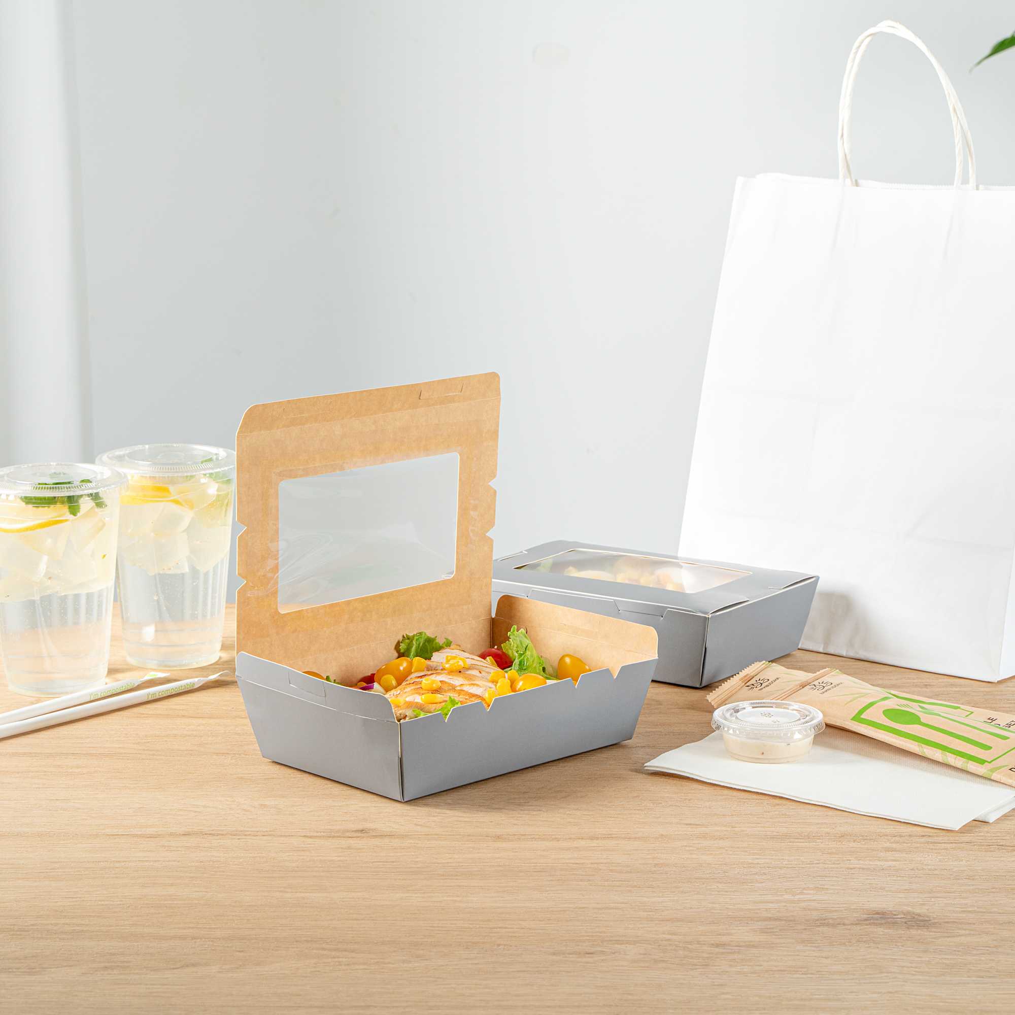 Cafe Vision 42 oz Gray Paper Take Out Container - Hinge Lock - 8" x 5 1/2" x 2" - 50 count box