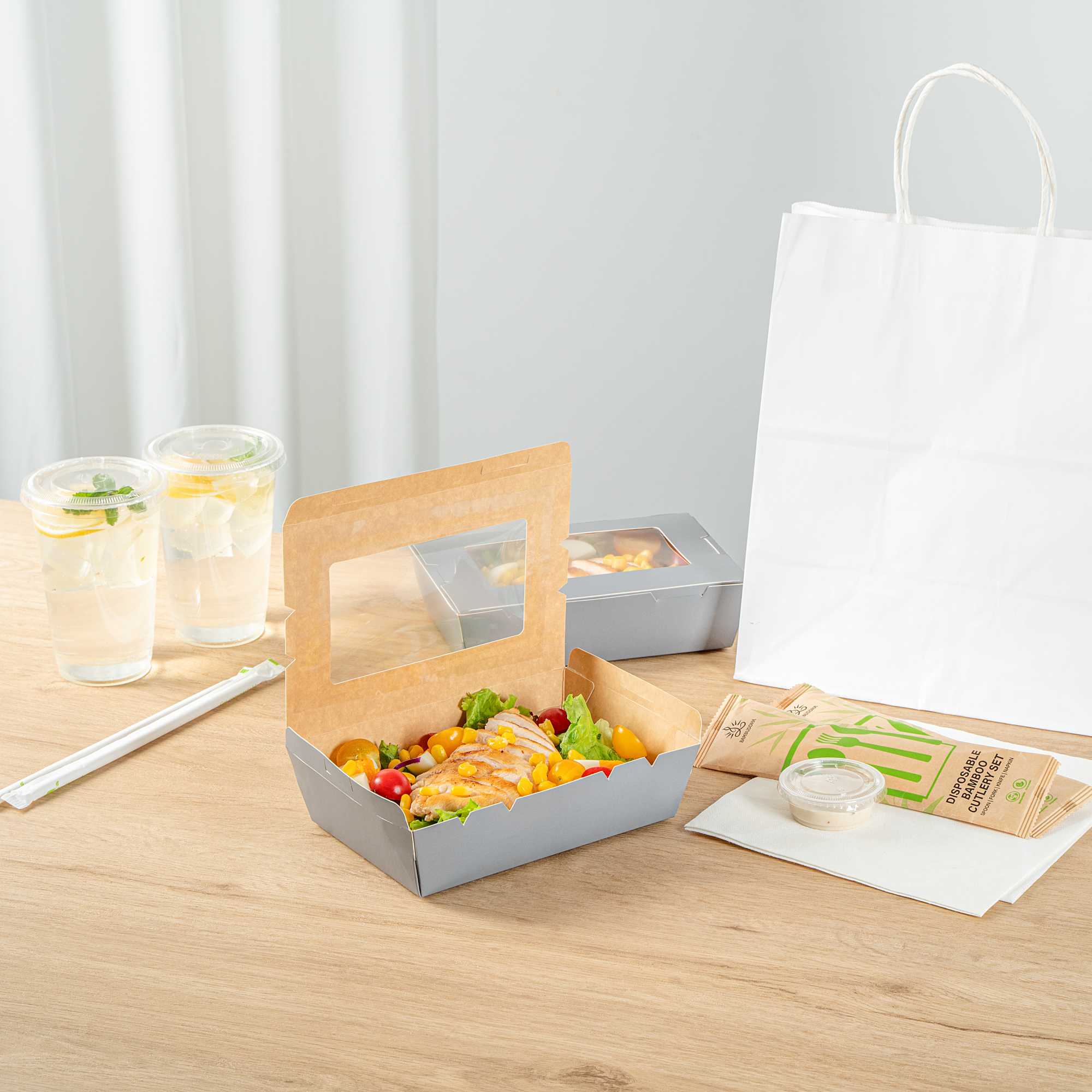 Cafe Vision 42 oz Gray Paper Take Out Container - Hinge Lock - 8" x 5 1/2" x 2" - 50 count box