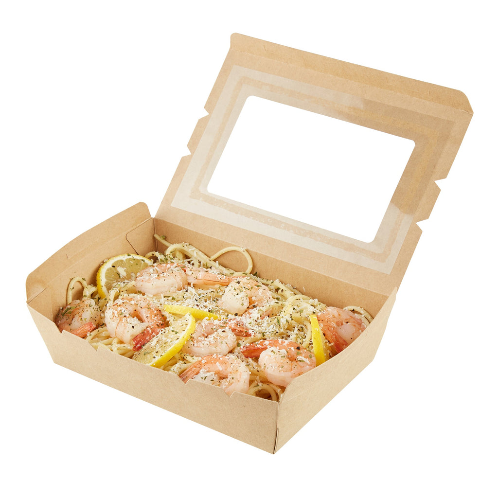 Cafe Vision 42 oz Kraft Paper Medium Take Out Container - Hinge Lock - 8'' x 5 1/2'' x 2'' - 50 count box