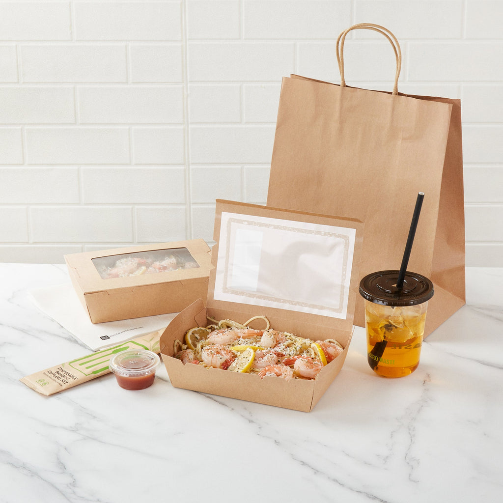 Cafe Vision 42 oz Kraft Paper Medium Take Out Container - Hinge Lock - 8'' x 5 1/2'' x 2'' - 50 count box