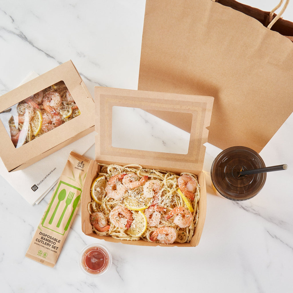Cafe Vision 42 oz Kraft Paper Medium Take Out Container - Hinge Lock - 8'' x 5 1/2'' x 2'' - 200 count box