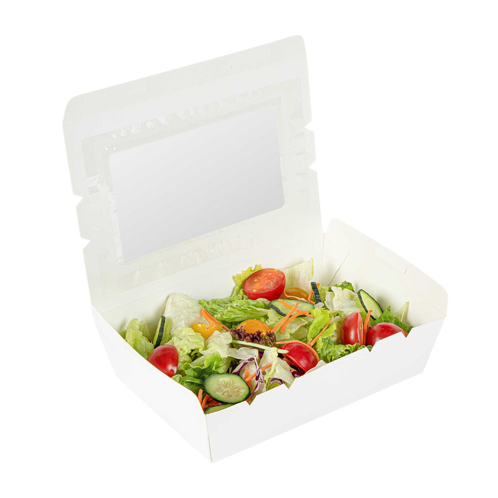Cafe Vision 42 oz White Paper Medium Take Out Container - Hinge Lock - 8" x 5 1/2" x 2" - 50 count box