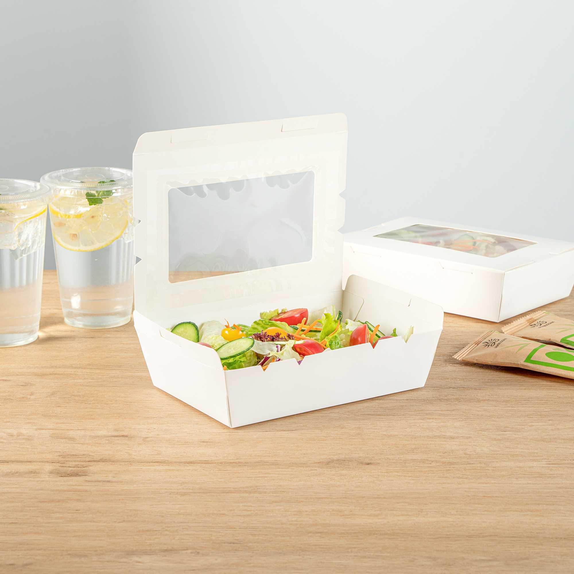 Cafe Vision 42 oz White Paper Medium Take Out Container - Hinge Lock - 8" x 5 1/2" x 2" - 50 count box