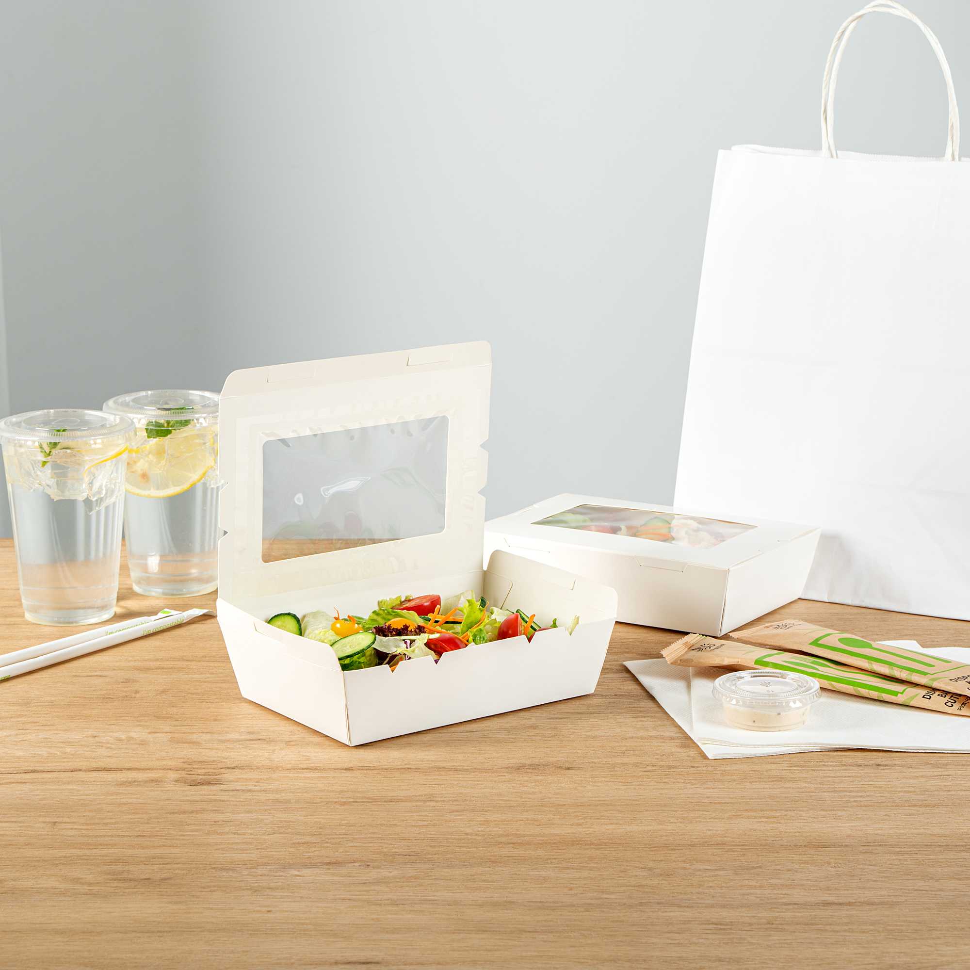 Cafe Vision 42 oz White Paper Medium Take Out Container - Hinge Lock - 8" x 5 1/2" x 2" - 50 count box