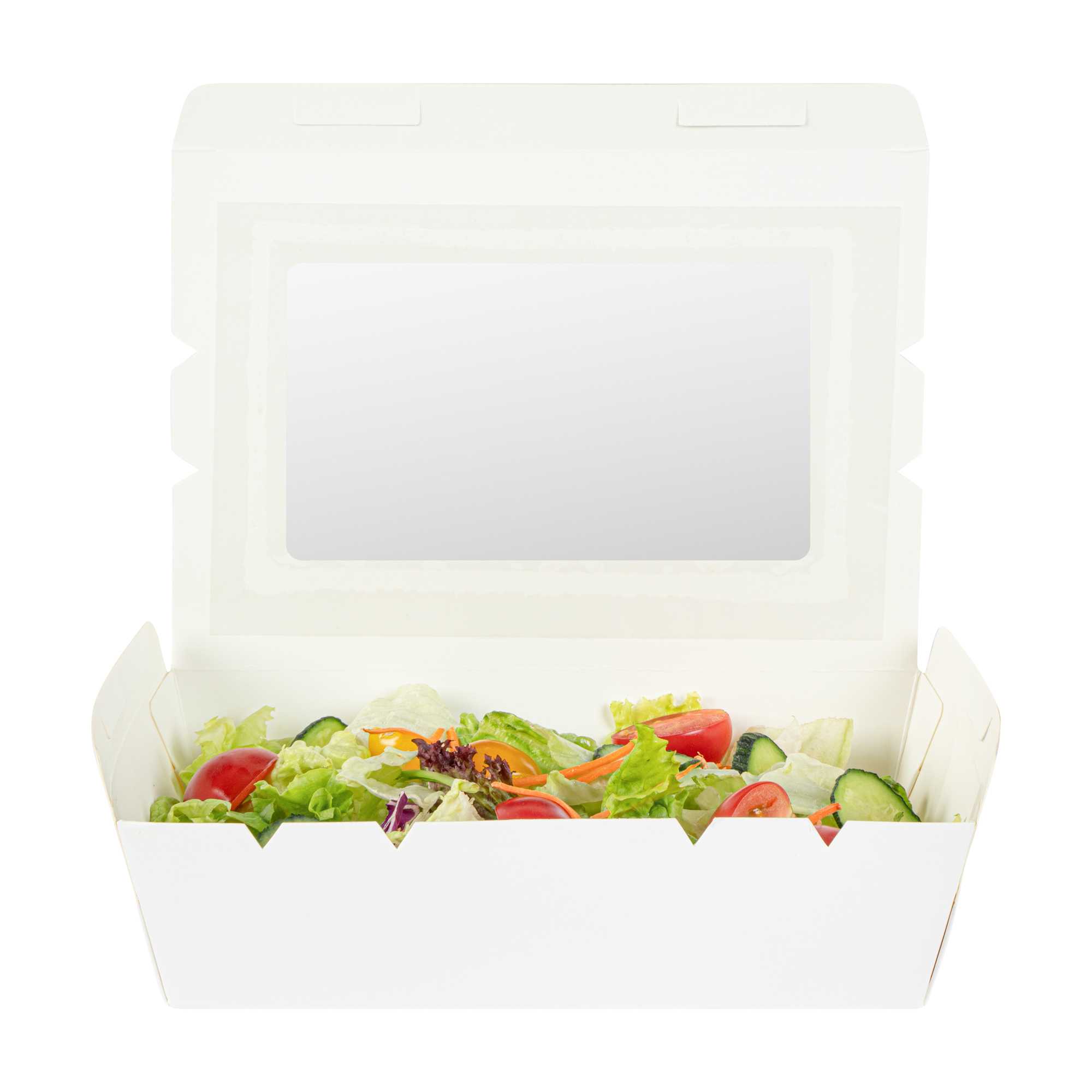 Cafe Vision 42 oz White Paper Medium Take Out Container - Hinge Lock - 8" x 5 1/2" x 2" - 200 count box