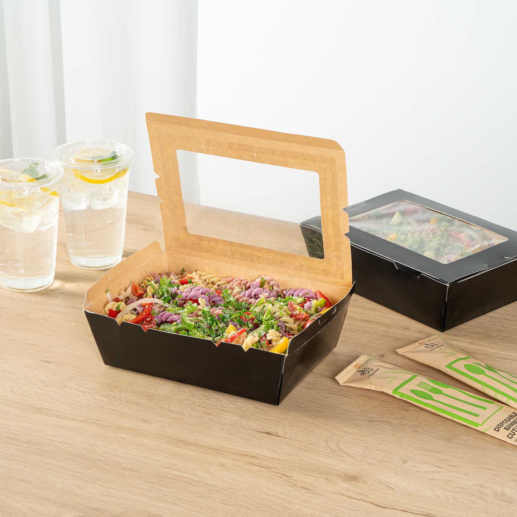 Cafe Vision 71 oz Black Paper Large Take Out Container - Hinge Lock - 8 3/4" x 6 1/2" x 2 1/2" - 200 count box