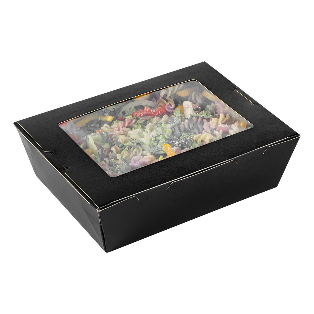 Cafe Vision 71 oz Black Paper Large Take Out Container - Hinge Lock - 8 3/4" x 6 1/2" x 2 1/2" - 50 count box