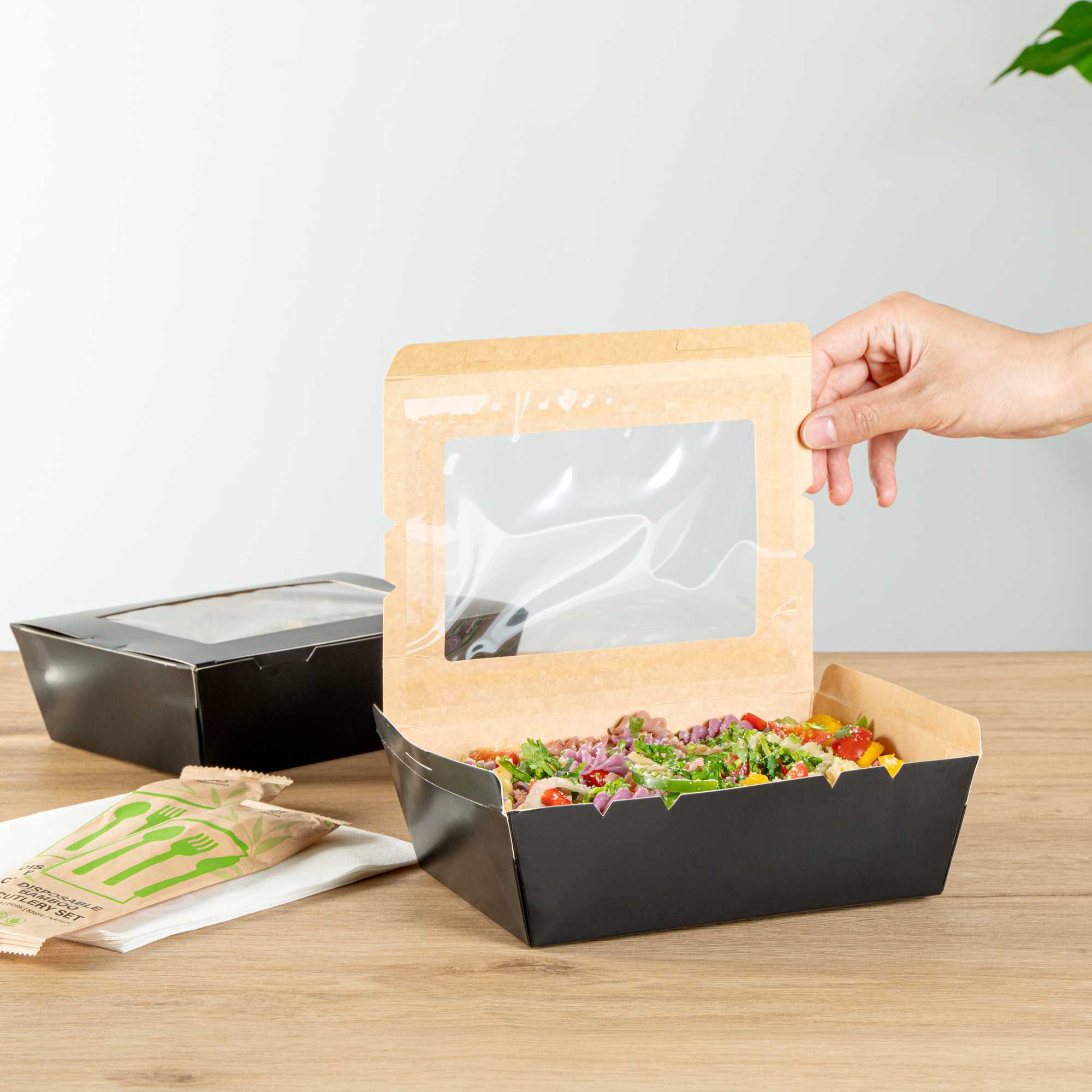 Cafe Vision 71 oz Black Paper Large Take Out Container - Hinge Lock - 8 3/4" x 6 1/2" x 2 1/2" - 50 count box