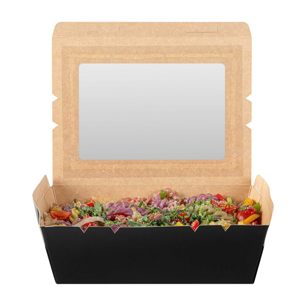 Cafe Vision 71 oz Black Paper Large Take Out Container - Hinge Lock - 8 3/4" x 6 1/2" x 2 1/2" - 200 count box