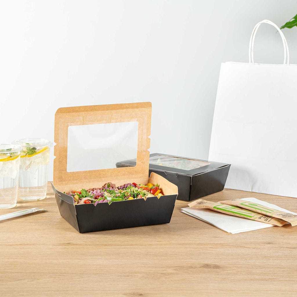 Cafe Vision 71 oz Black Paper Large Take Out Container - Hinge Lock - 8 3/4" x 6 1/2" x 2 1/2" - 200 count box
