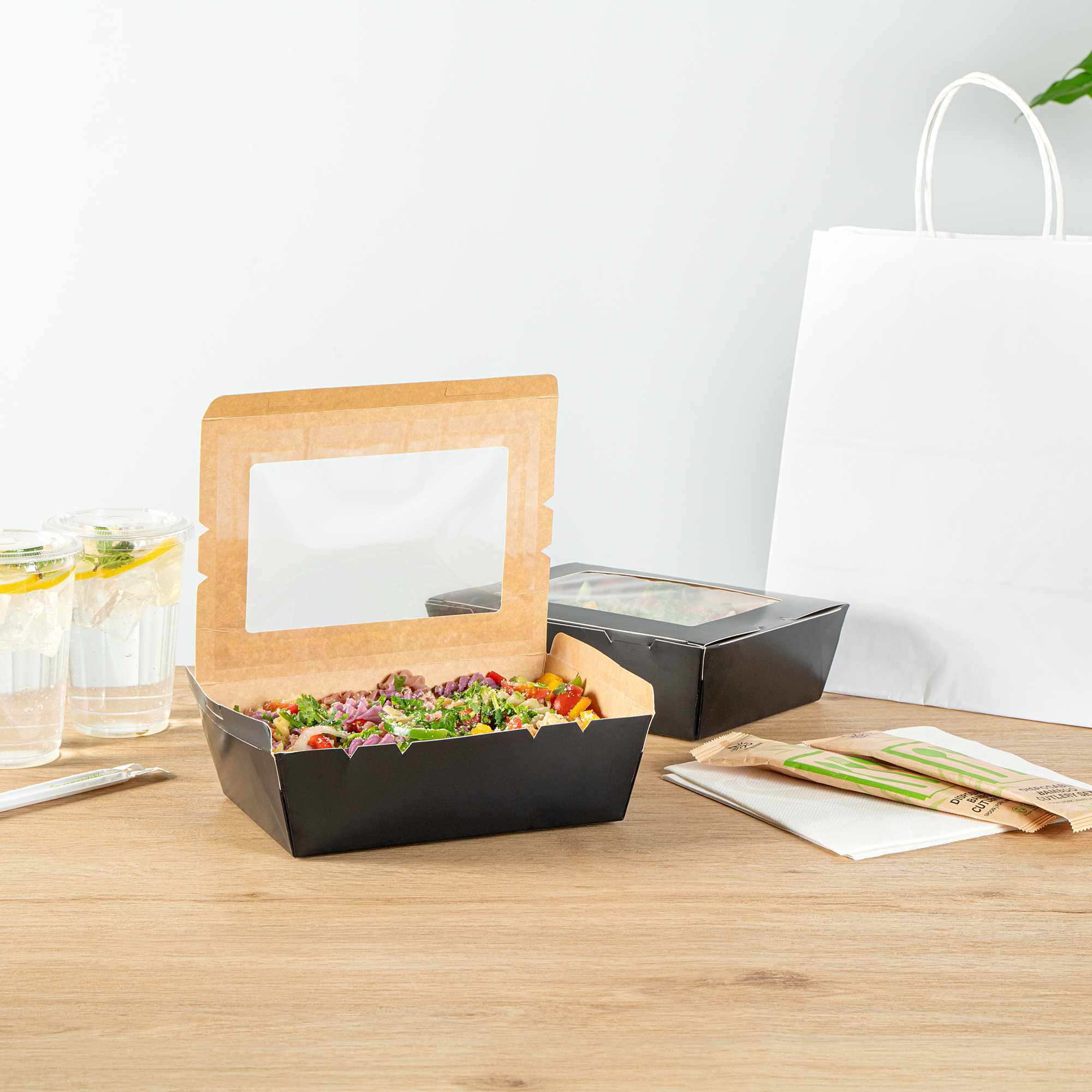 Cafe Vision 71 oz Black Paper Large Take Out Container - Hinge Lock - 8 3/4" x 6 1/2" x 2 1/2" - 200 count box
