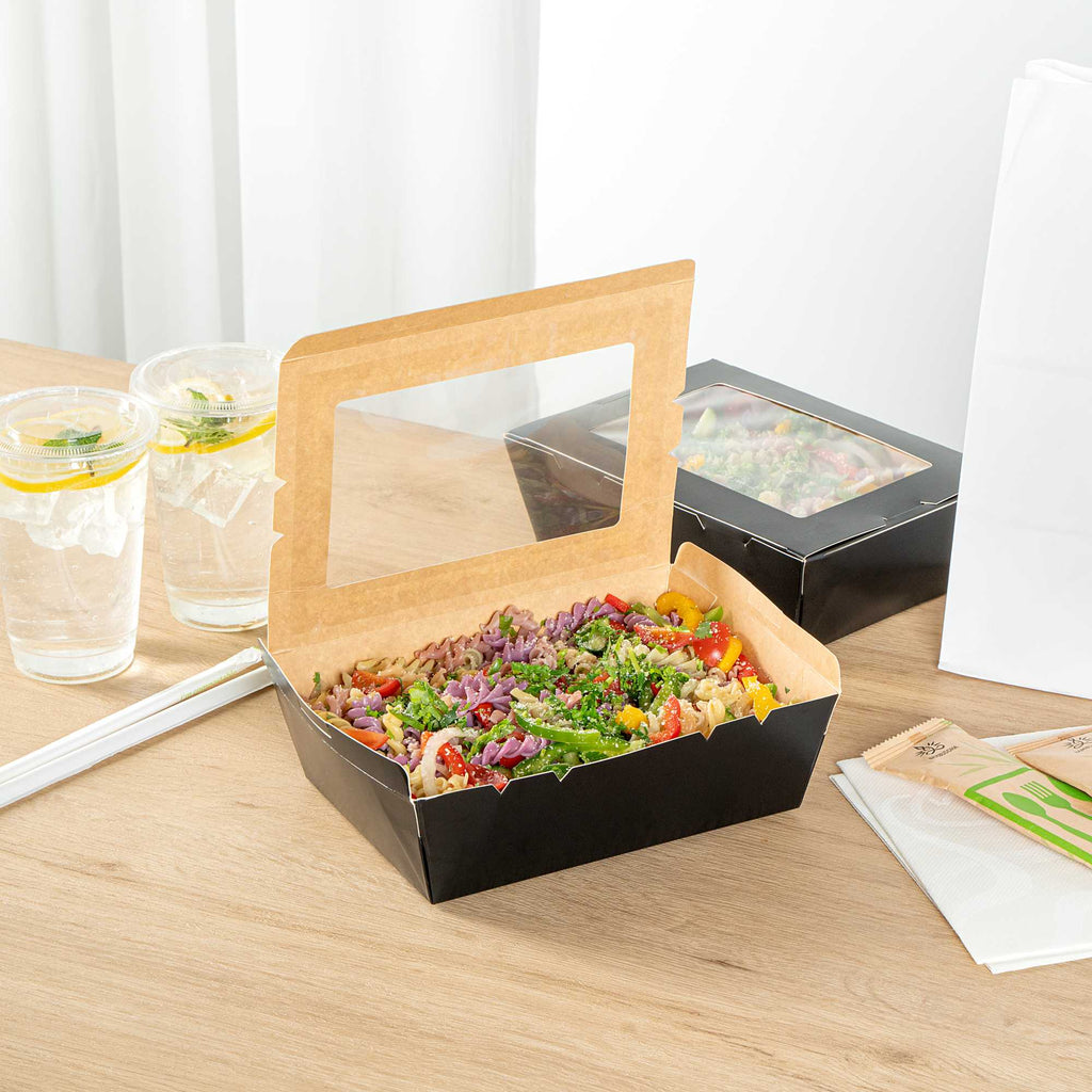 Cafe Vision 71 oz Black Paper Large Take Out Container - Hinge Lock - 8 3/4" x 6 1/2" x 2 1/2" - 200 count box