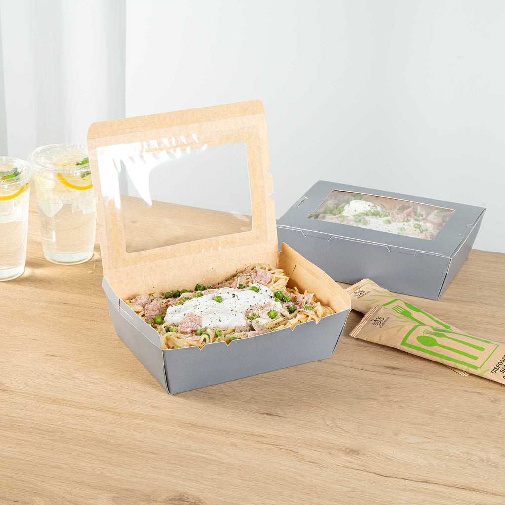 Cafe Vision 71 oz Gray Paper Take Out Container - Hinge Lock - 8 3/4" x 6 1/2" x 2 1/2" - 200 count box