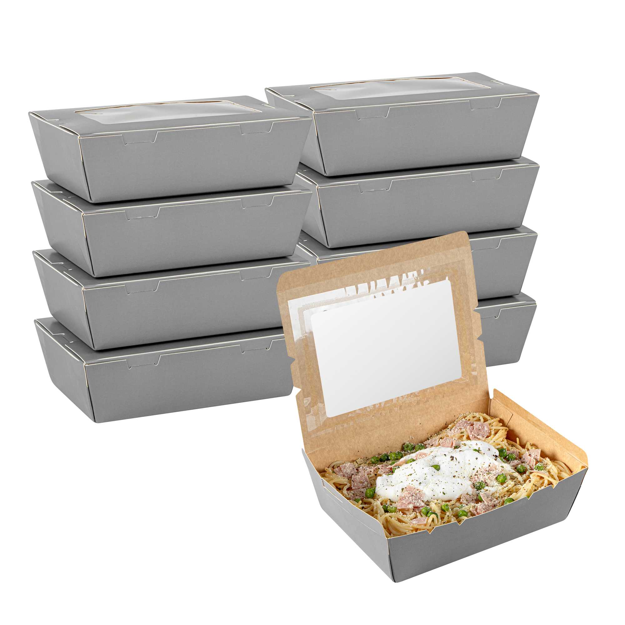 Cafe Vision 71 oz Gray Paper Take Out Container - Hinge Lock - 8 3/4" x 6 1/2" x 2 1/2" - 50 count box