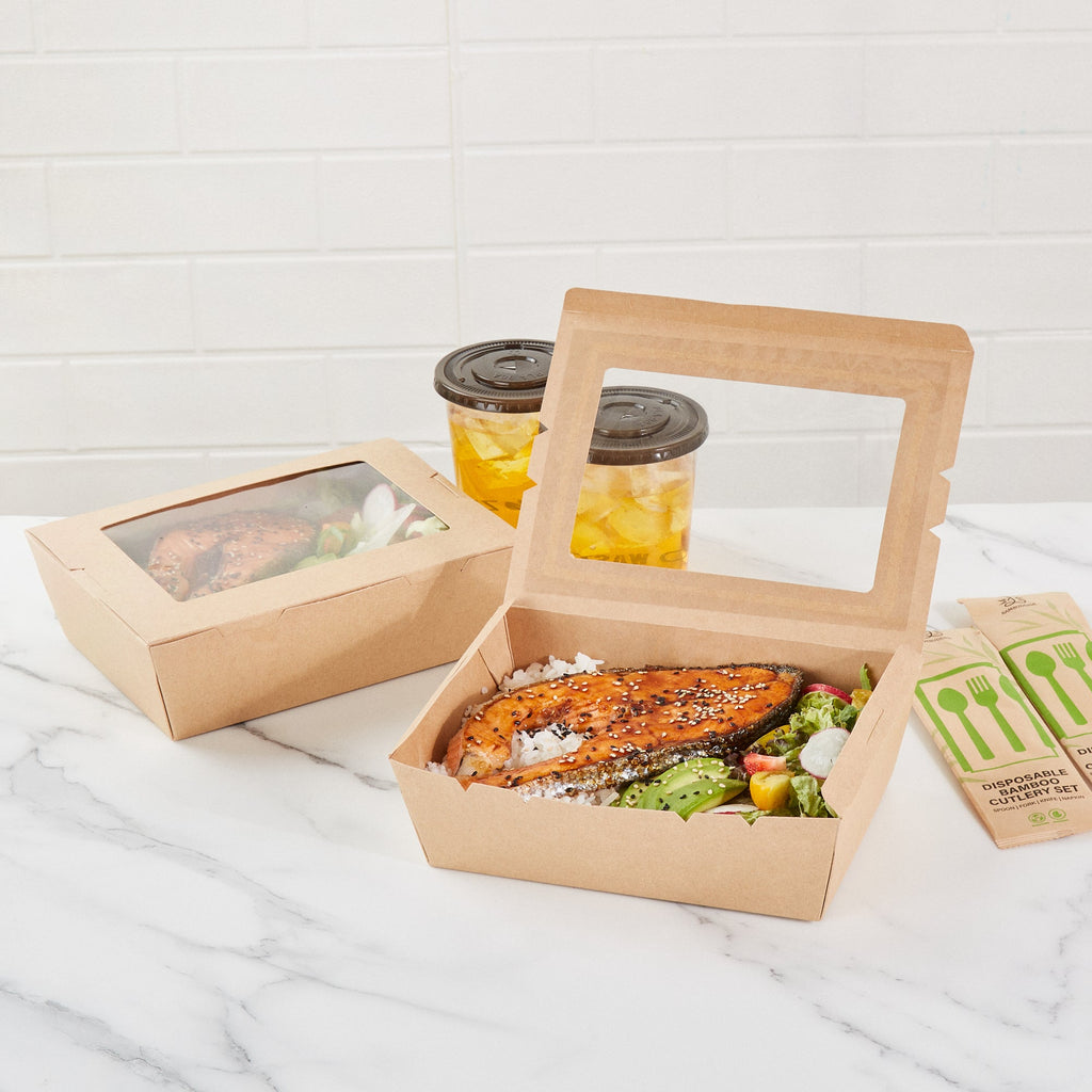 Cafe Vision 71 oz Kraft Paper Large Take Out Container - Hinge Lock - 8 3/4'' x 6 1/2'' x 2 1/2'' - 200 count box