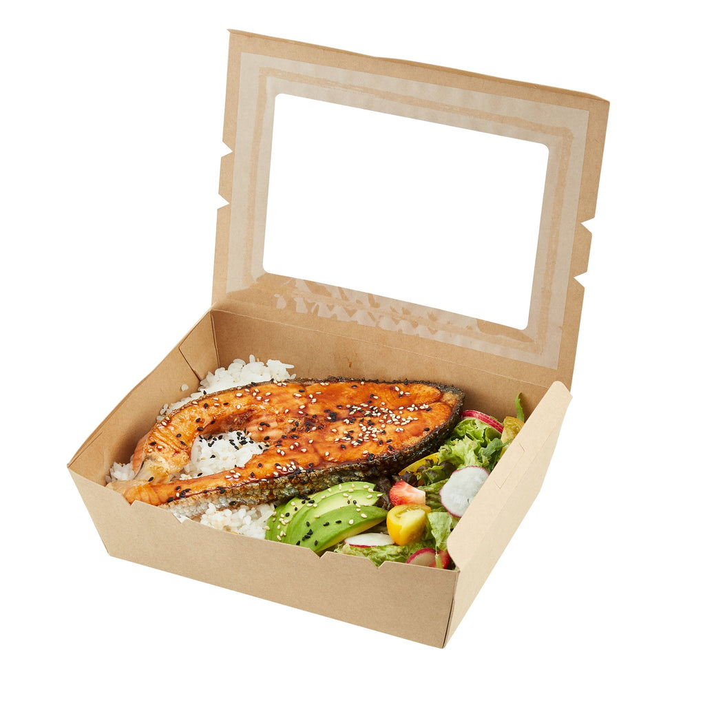 Cafe Vision 71 oz Kraft Paper Large Take Out Container - Hinge Lock - 8 3/4'' x 6 1/2'' x 2 1/2'' - 50 count box