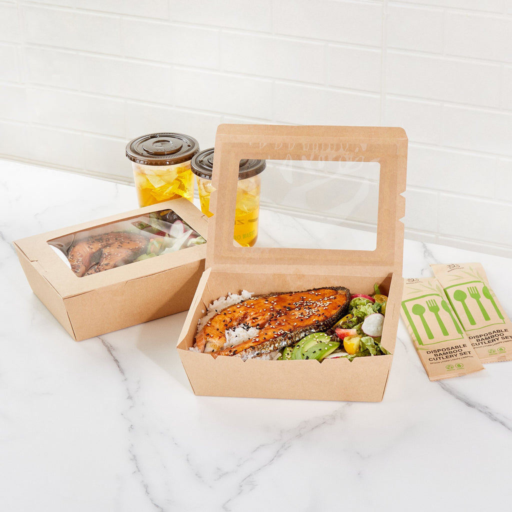 Cafe Vision 71 oz Kraft Paper Large Take Out Container - Hinge Lock - 8 3/4'' x 6 1/2'' x 2 1/2'' - 50 count box