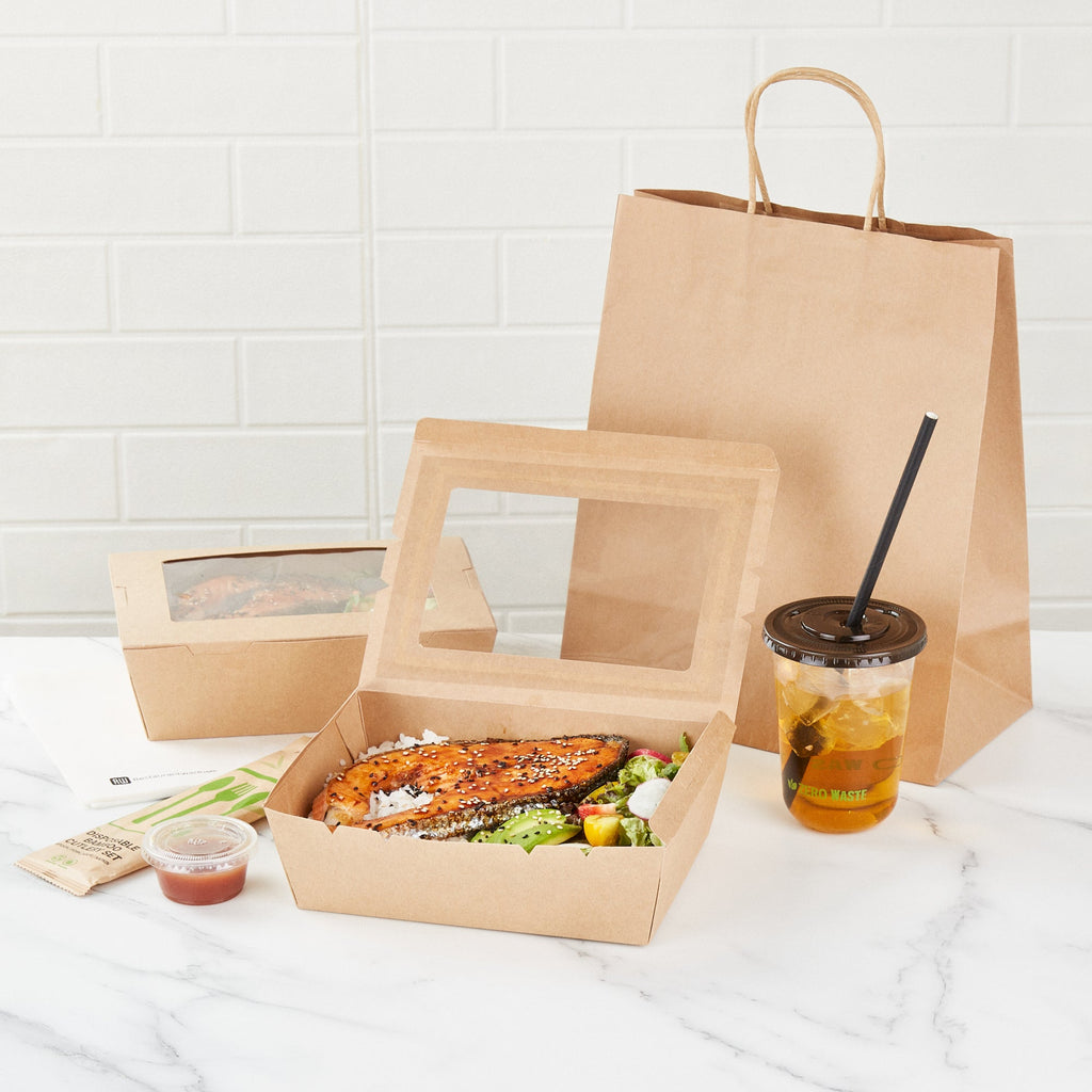 Cafe Vision 71 oz Kraft Paper Large Take Out Container - Hinge Lock - 8 3/4'' x 6 1/2'' x 2 1/2'' - 50 count box