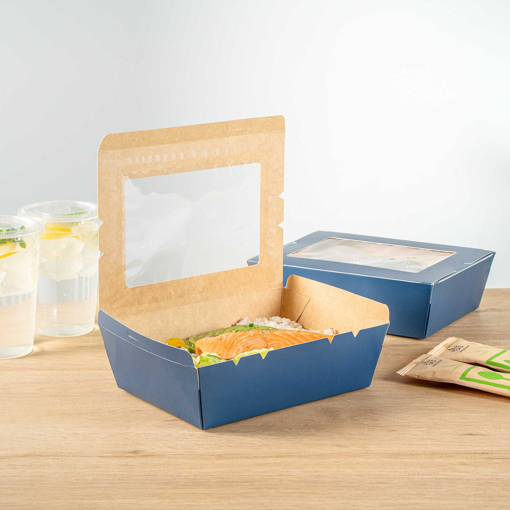 Cafe Vision 71 oz Midnight Blue Paper Large Take Out Container - Hinge Lock - 8 3/4" x 6 1/2" x 2 1/2" - 200 count box