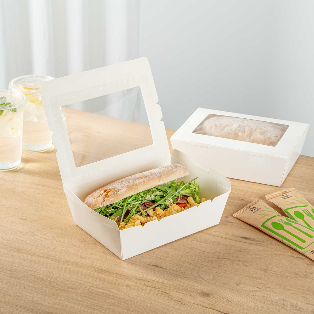 Cafe Vision 71 oz White Paper Large Take Out Container - Hinge Lock - 8 3/4" x 6 1/2" x 2 1/2" - 50 count box