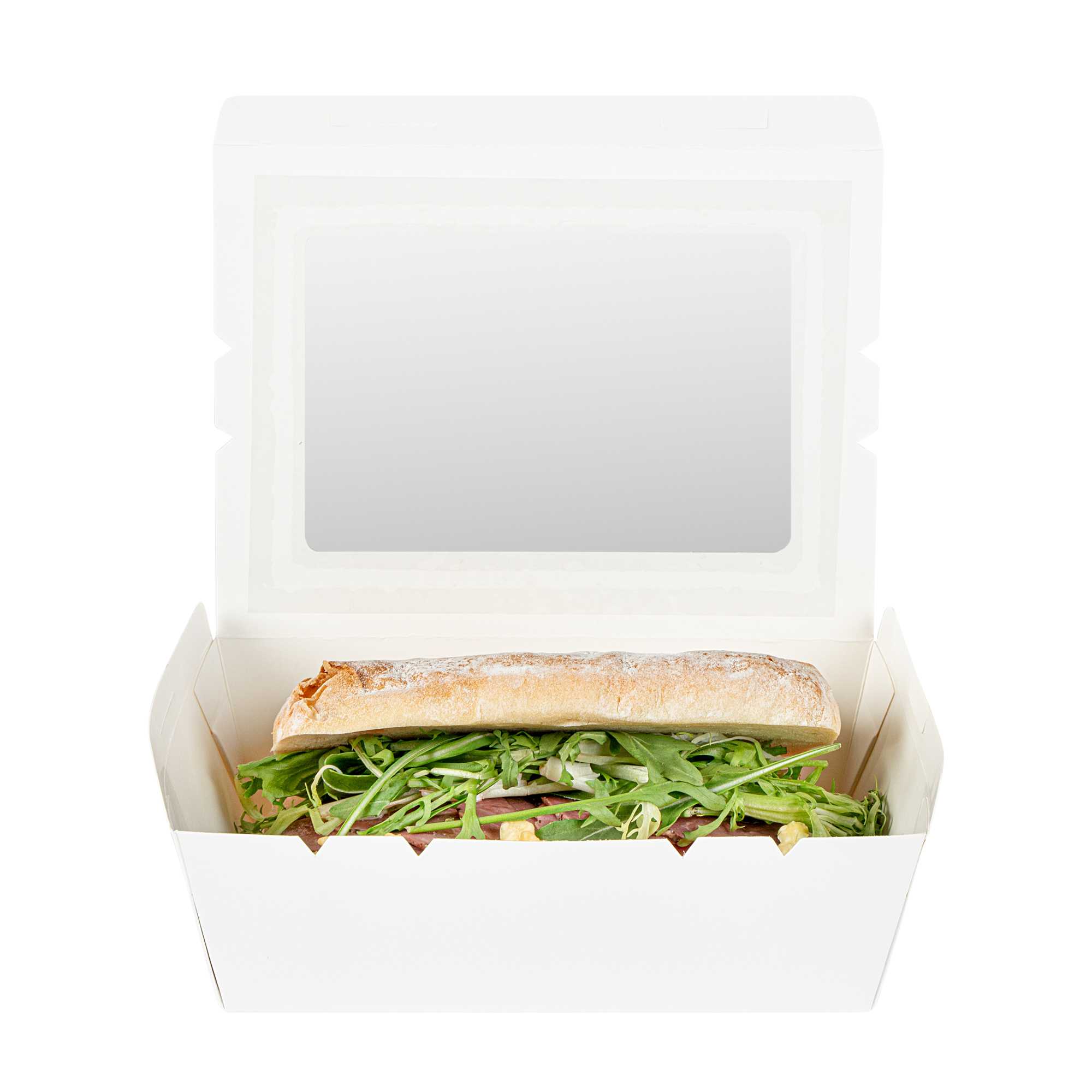 Cafe Vision 71 oz White Paper Large Take Out Container - Hinge Lock - 8 3/4" x 6 1/2" x 2 1/2" - 50 count box