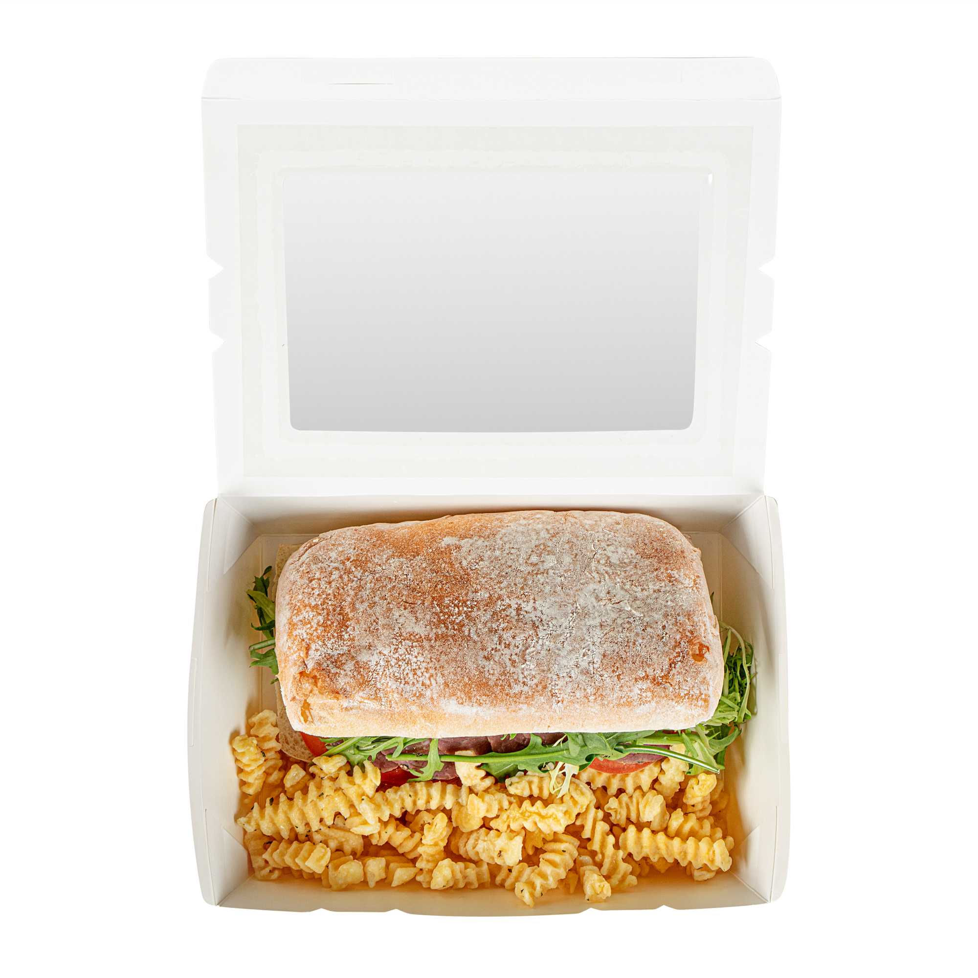 Cafe Vision 71 oz White Paper Large Take Out Container - Hinge Lock - 8 3/4" x 6 1/2" x 2 1/2" - 50 count box