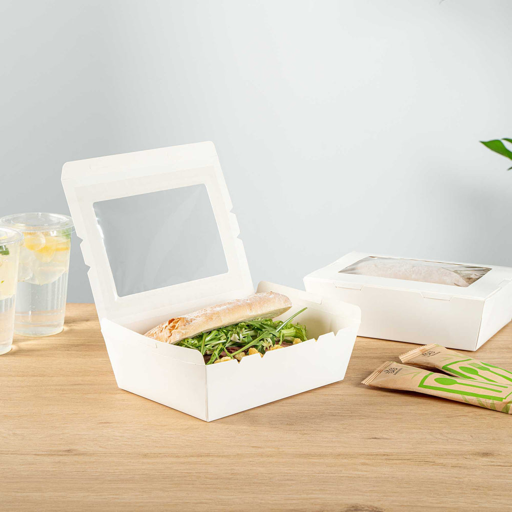 Cafe Vision 71 oz White Paper Large Take Out Container - Hinge Lock - 8 3/4" x 6 1/2" x 2 1/2" - 50 count box