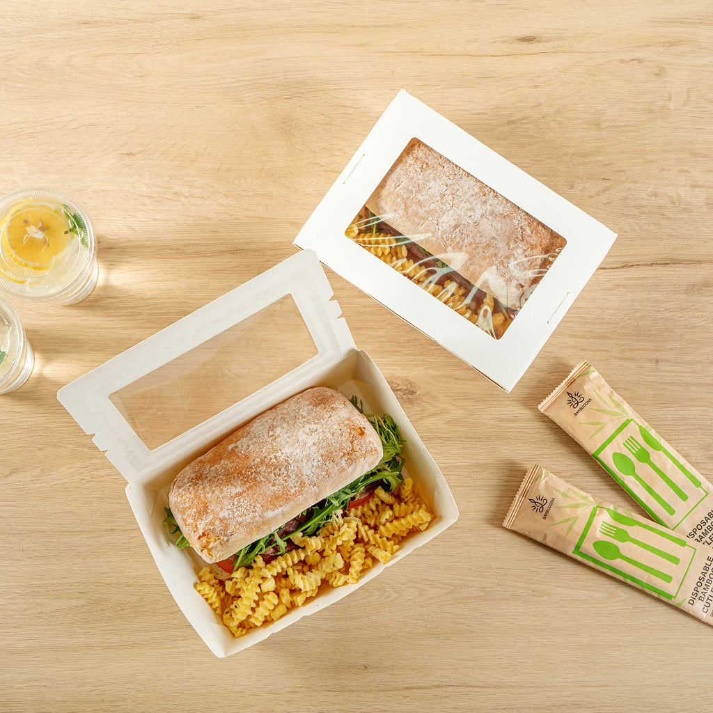 Cafe Vision 71 oz White Paper Large Take Out Container - Hinge Lock - 8 3/4" x 6 1/2" x 2 1/2" - 200 count box