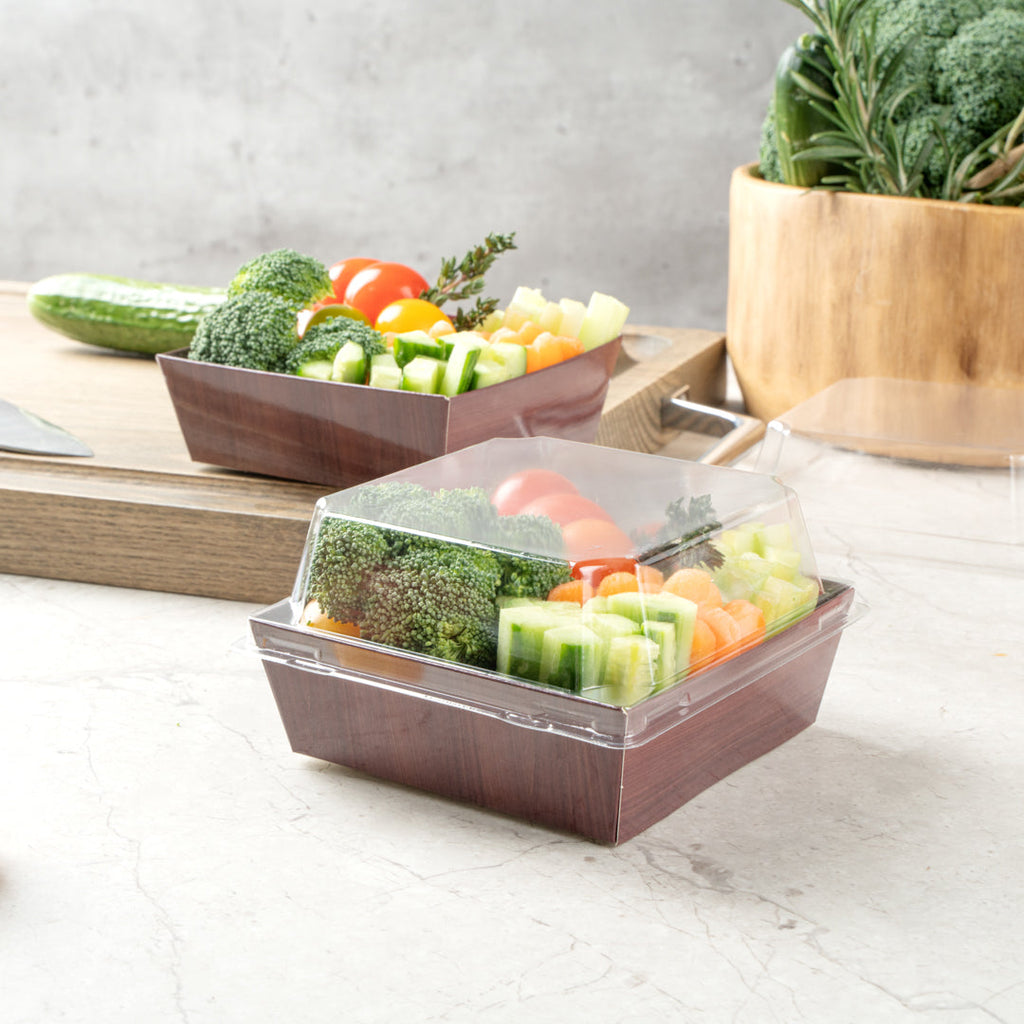 Matsuri Vision Wood Grain Paper Small Sushi Container - 3 3/4" x 3 3/4" x 1 1/2" - 100 count box