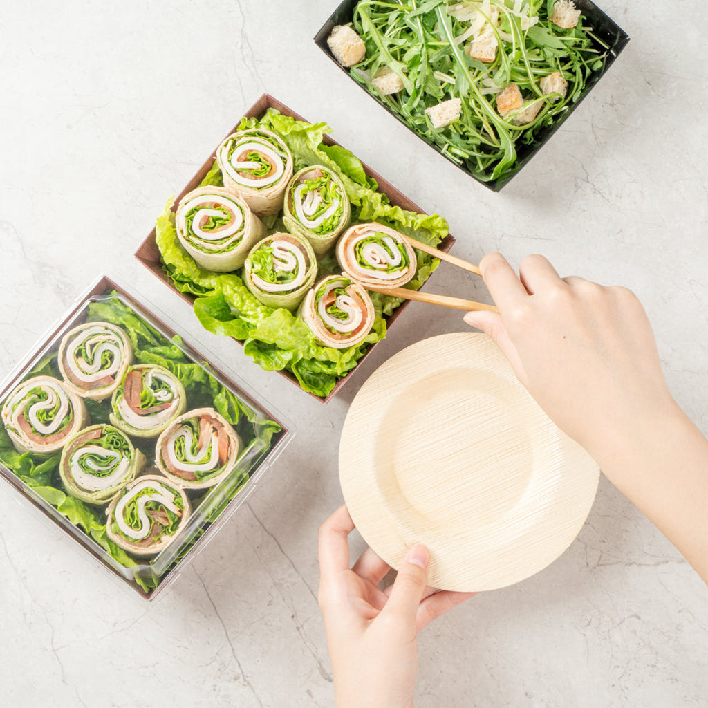 Matsuri Vision Wood Grain Paper Large Sushi Container - 5" x 4 1/2" x 1 1/2" - 100 count box