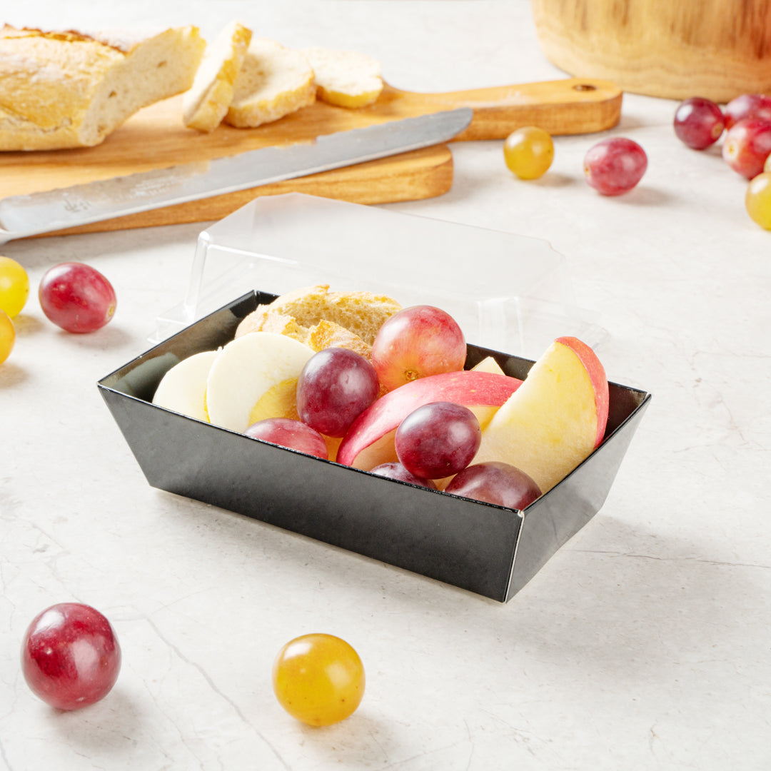 Matsuri Vision Rectangle Black Paper Small Sushi Container - 4 3/4" x 2 1/2" x 1 1/2" - 100 count box