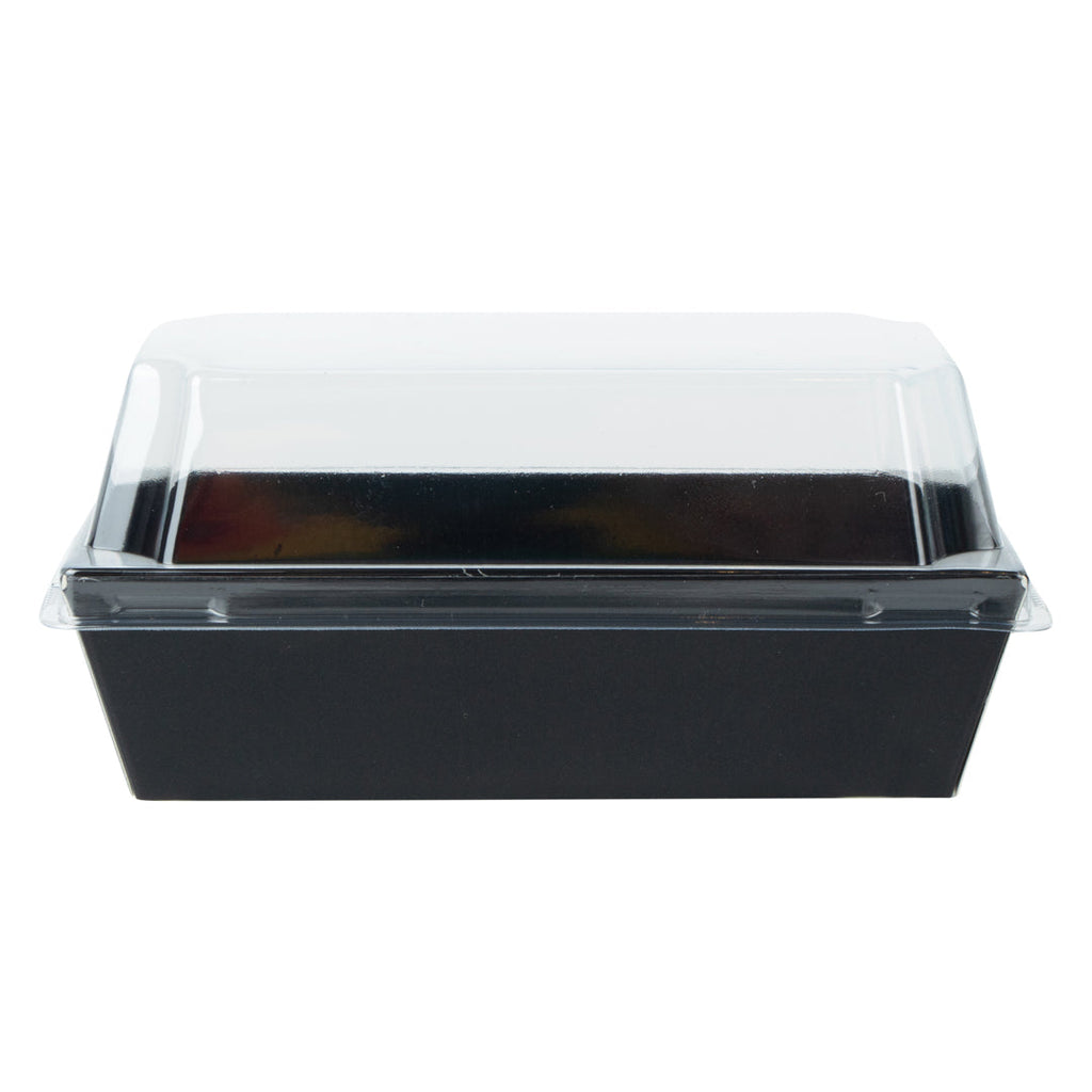 Matsuri Vision Rectangle Black Paper Small Sushi Container - 4 3/4" x 2 1/2" x 1 1/2" - 100 count box