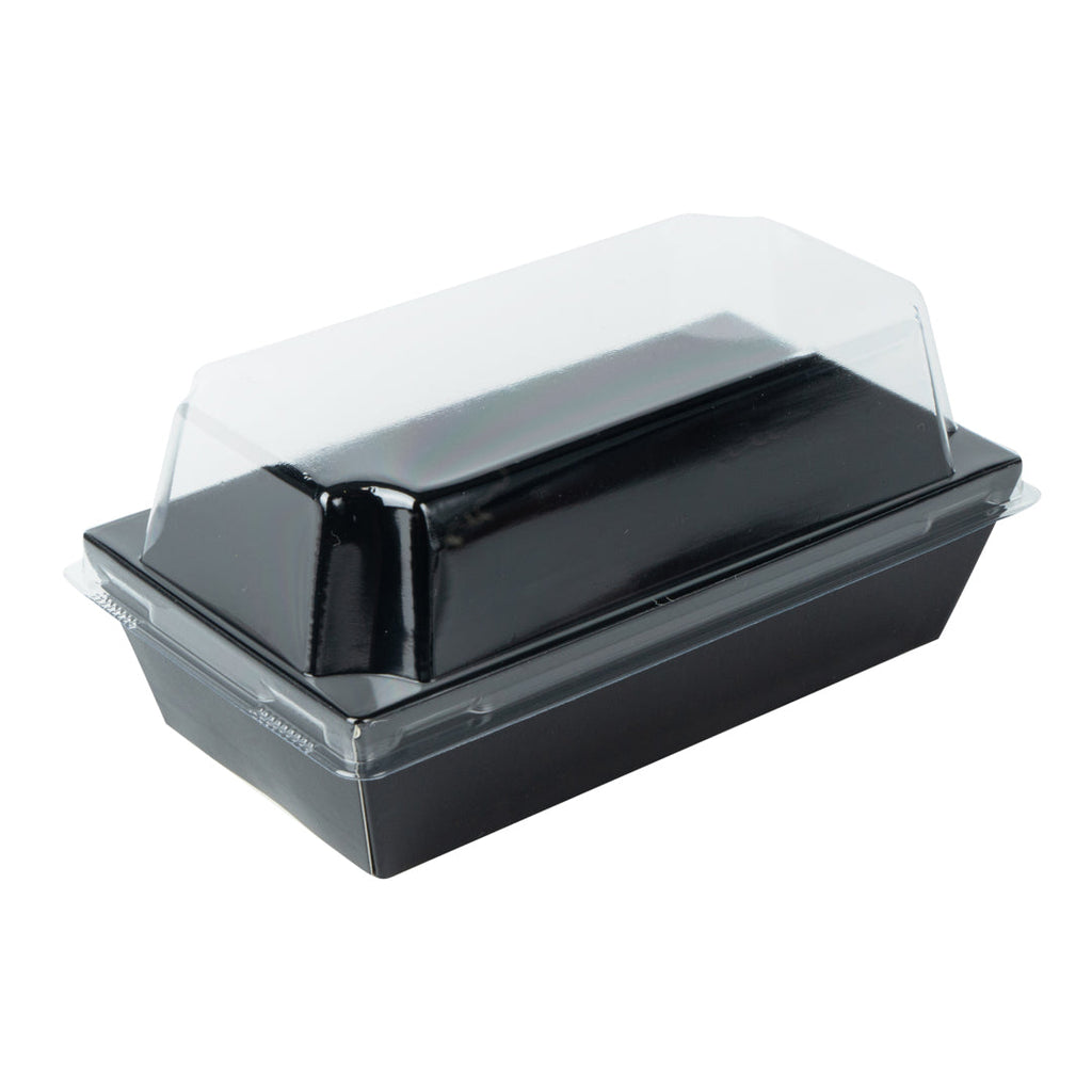 Matsuri Vision Rectangle Black Paper Small Sushi Container - 4 3/4" x 2 1/2" x 1 1/2" - 100 count box