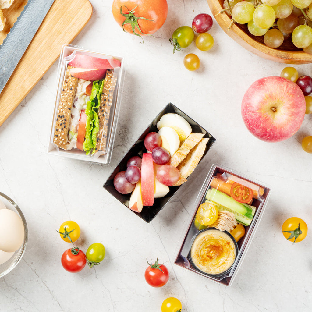Matsuri Vision Rectangle Black Paper Small Sushi Container - 4 3/4" x 2 1/2" x 1 1/2" - 100 count box