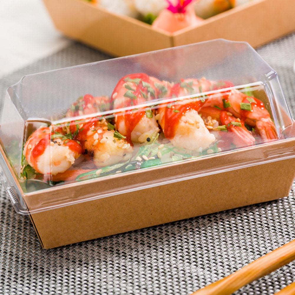 Matsuri Vision Clear Plastic Lid - Fits Small Sushi Container - 5 1/4" x 3" x 1 1/2" - 100 count box