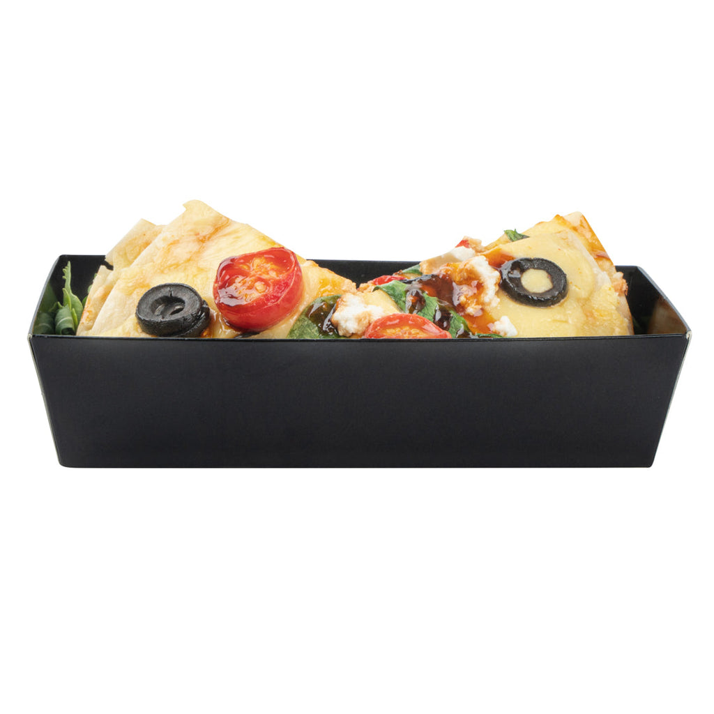 Matsuri Vision Rectangle Black Paper Medium Sushi Container - 5 1/2" x 2 3/4" x 1 1/2" - 100 count box