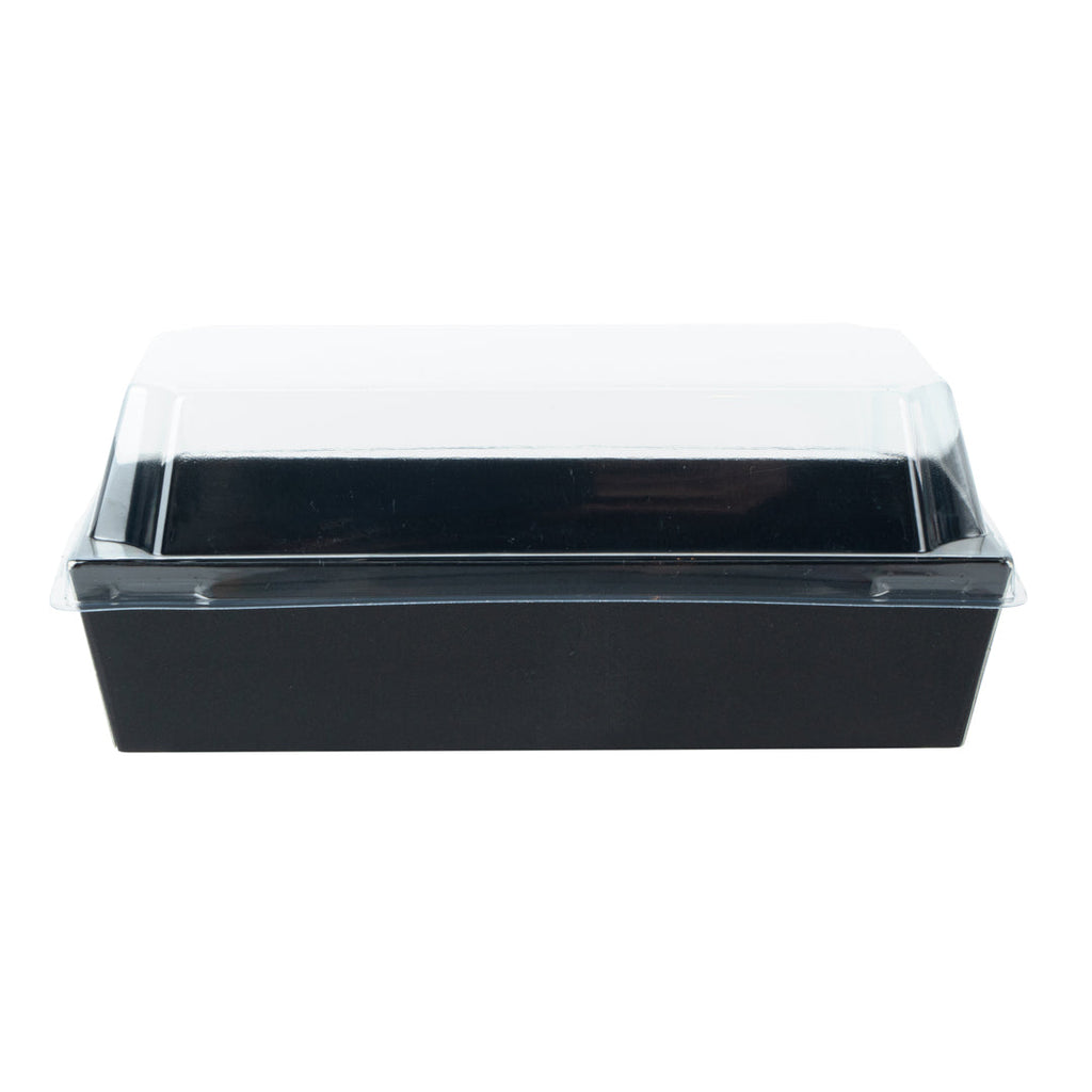 Matsuri Vision Rectangle Black Paper Medium Sushi Container - 5 1/2" x 2 3/4" x 1 1/2" - 100 count box