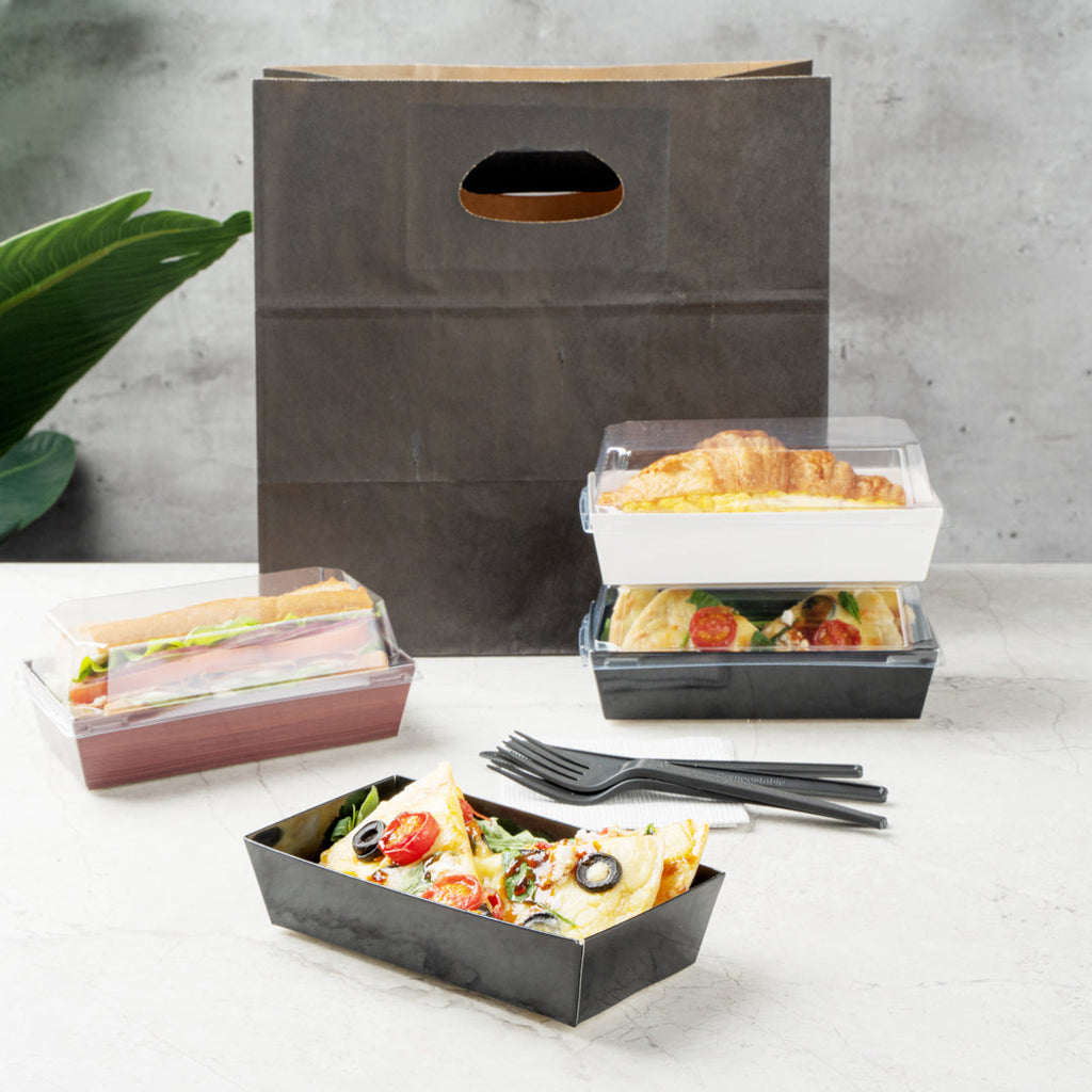 Matsuri Vision Rectangle Black Paper Medium Sushi Container - 5 1/2" x 2 3/4" x 1 1/2" - 100 count box