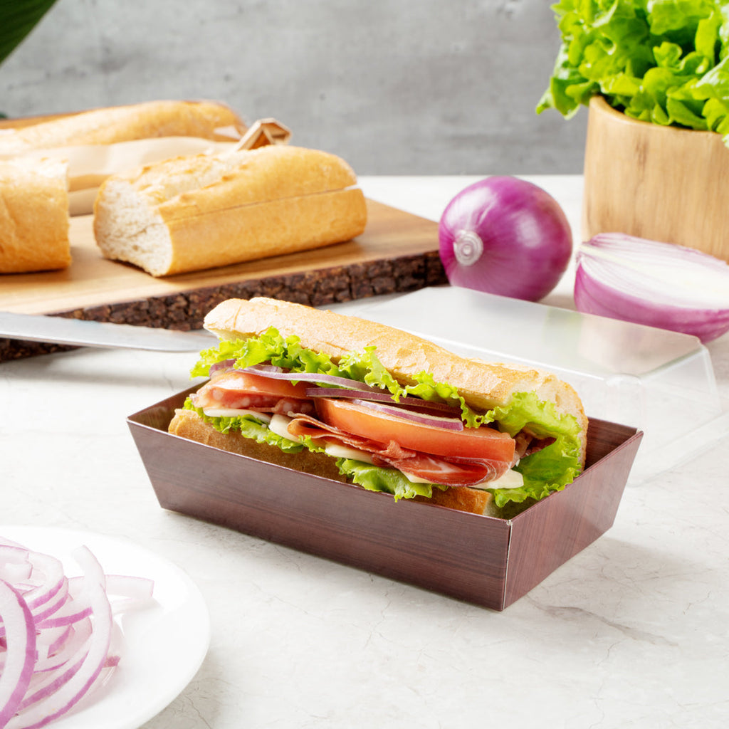 Matsuri Vision Wood Grain Paper Medium Sushi Container - 5 1/2" x 2 3/4" x 1 1/2" - 100 count box