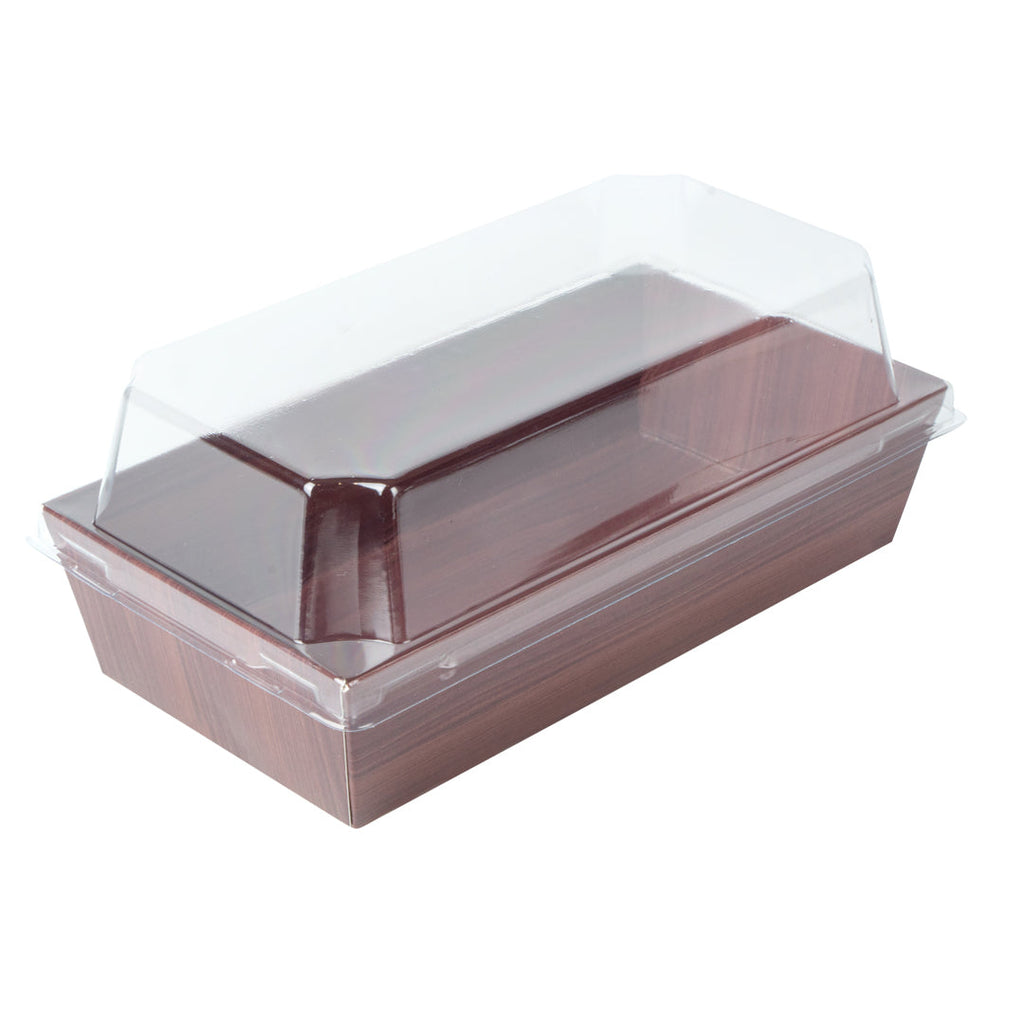 Matsuri Vision Wood Grain Paper Medium Sushi Container - 5 1/2" x 2 3/4" x 1 1/2" - 100 count box