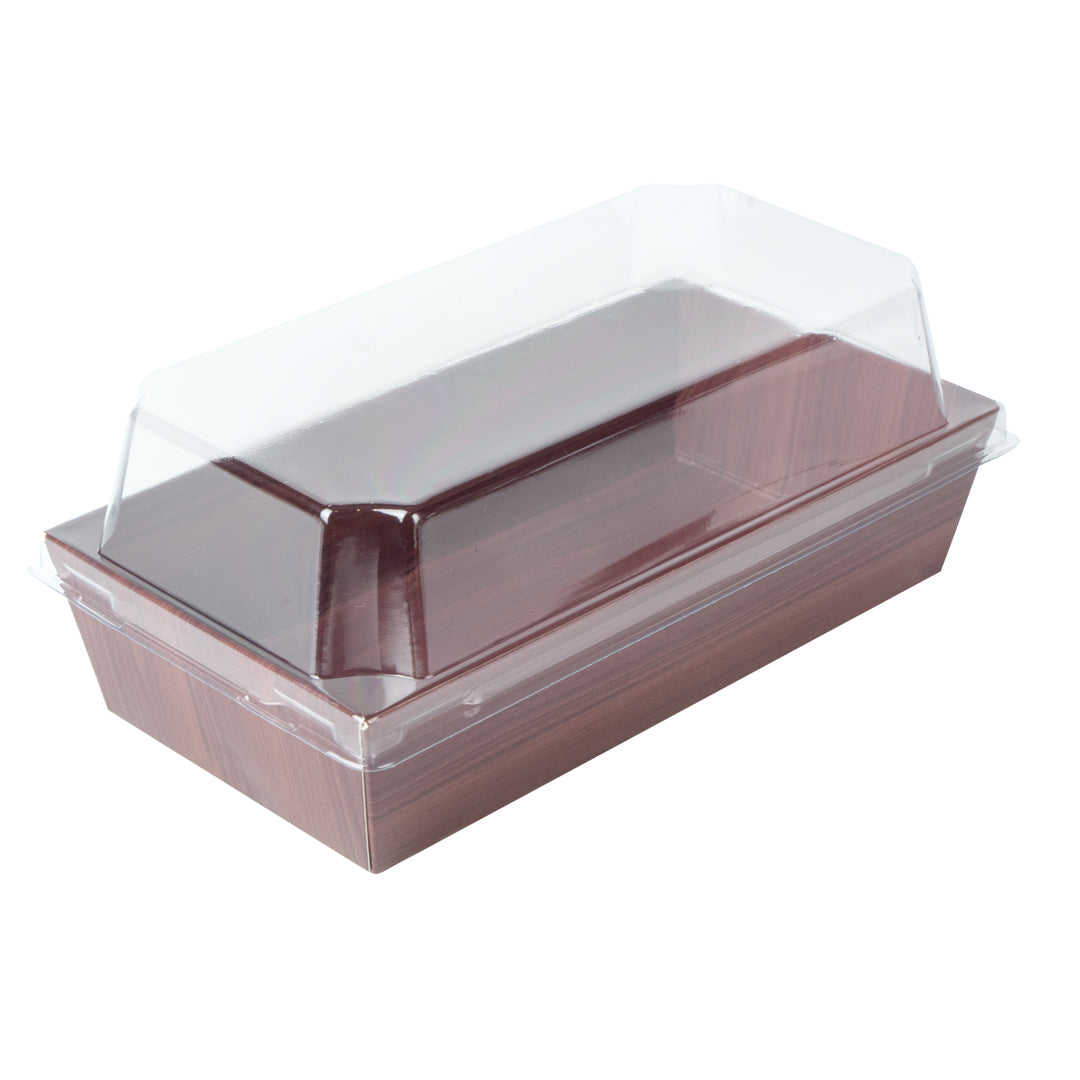 Matsuri Vision Wood Grain Paper Medium Sushi Container - 5 1/2" x 2 3/4" x 1 1/2" - 100 count box