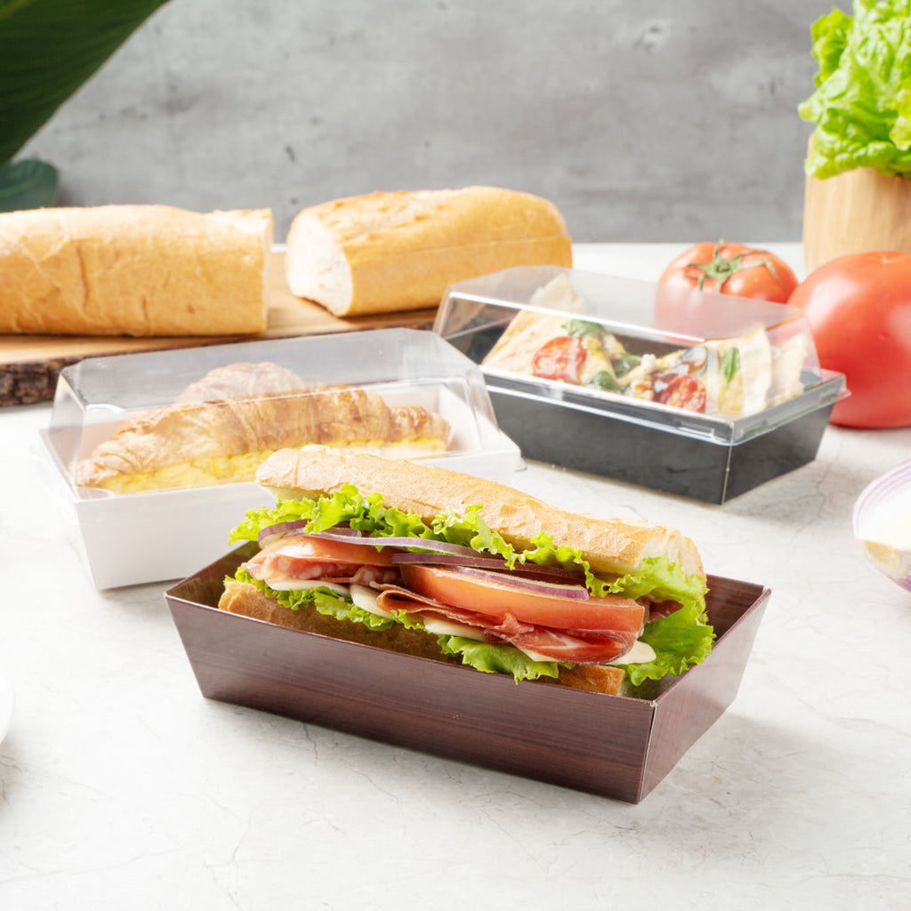 Matsuri Vision Wood Grain Paper Medium Sushi Container - 5 1/2" x 2 3/4" x 1 1/2" - 100 count box